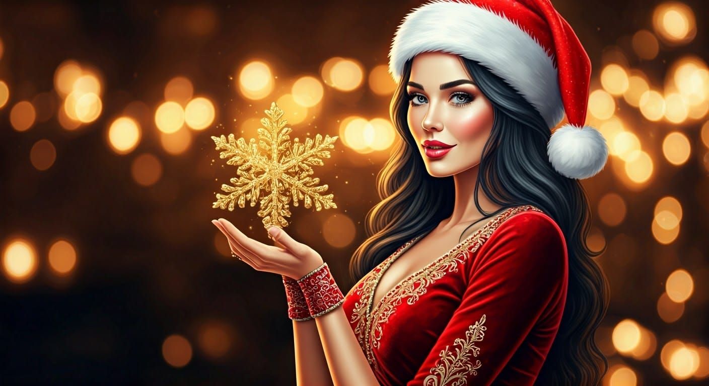 Festive Woman with Gold Snowflake in Pop Surrealist Style