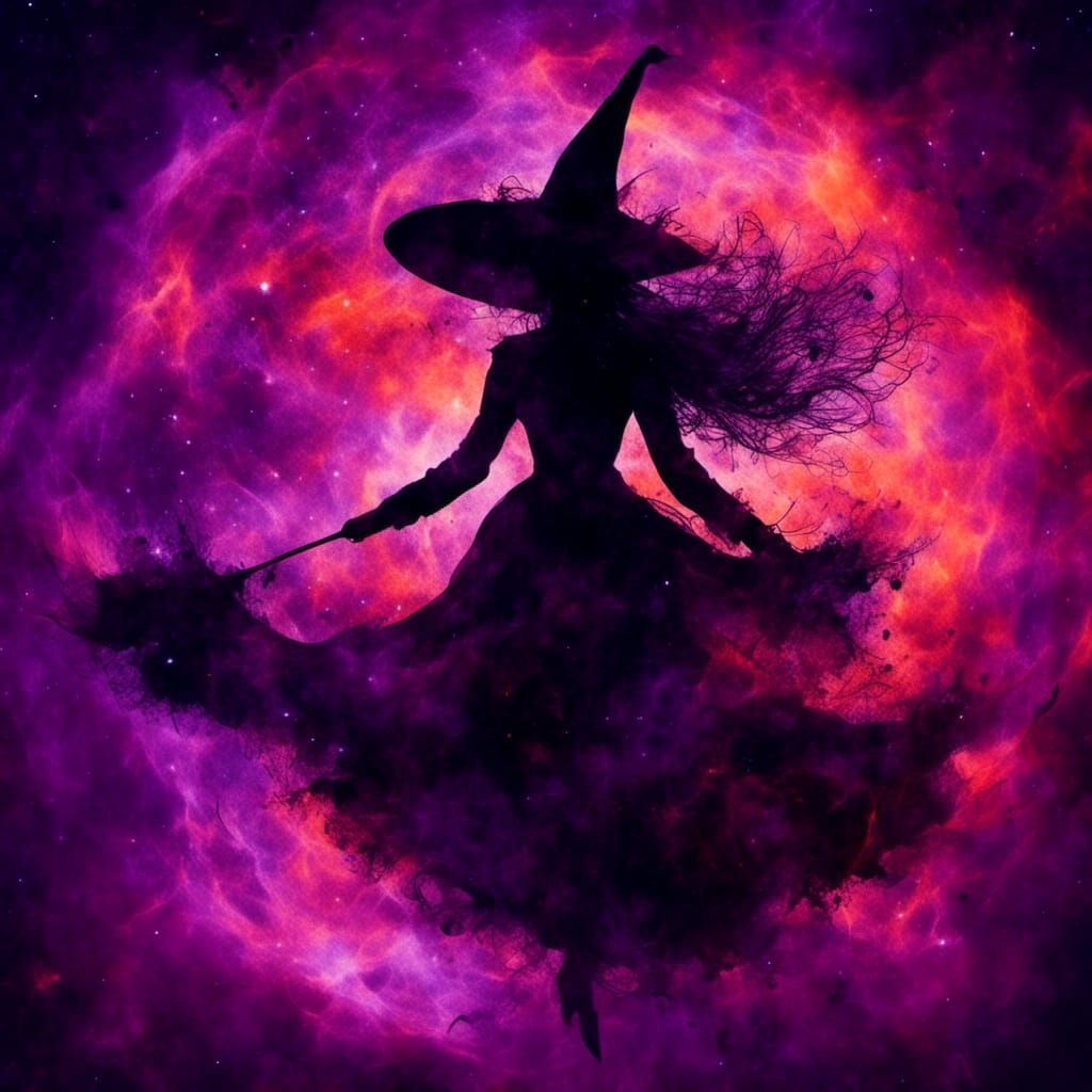 Cosmic Witch Silhouette in Nebulas and Galaxies
