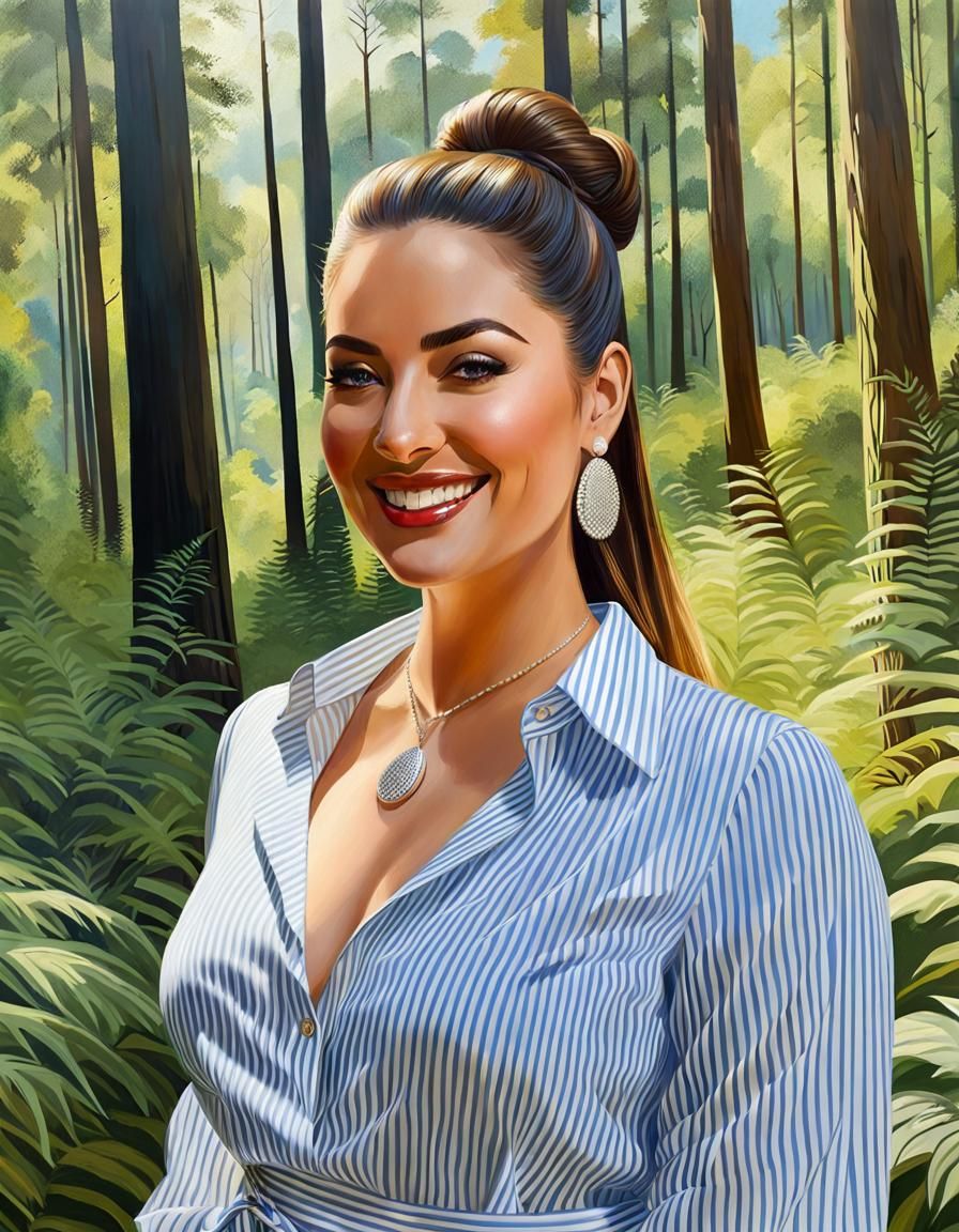 Elegant Spanish Woman in Lush Forest, Oil Painting