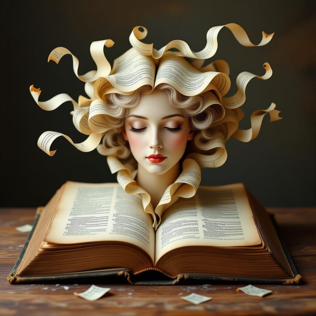Ethereal Woman Emerges from Vintage Book, Magical Realism