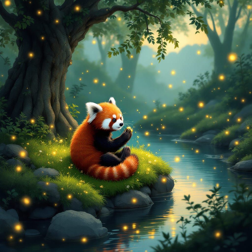 Red Panda Plays with Fireflies in Enchanted Forest