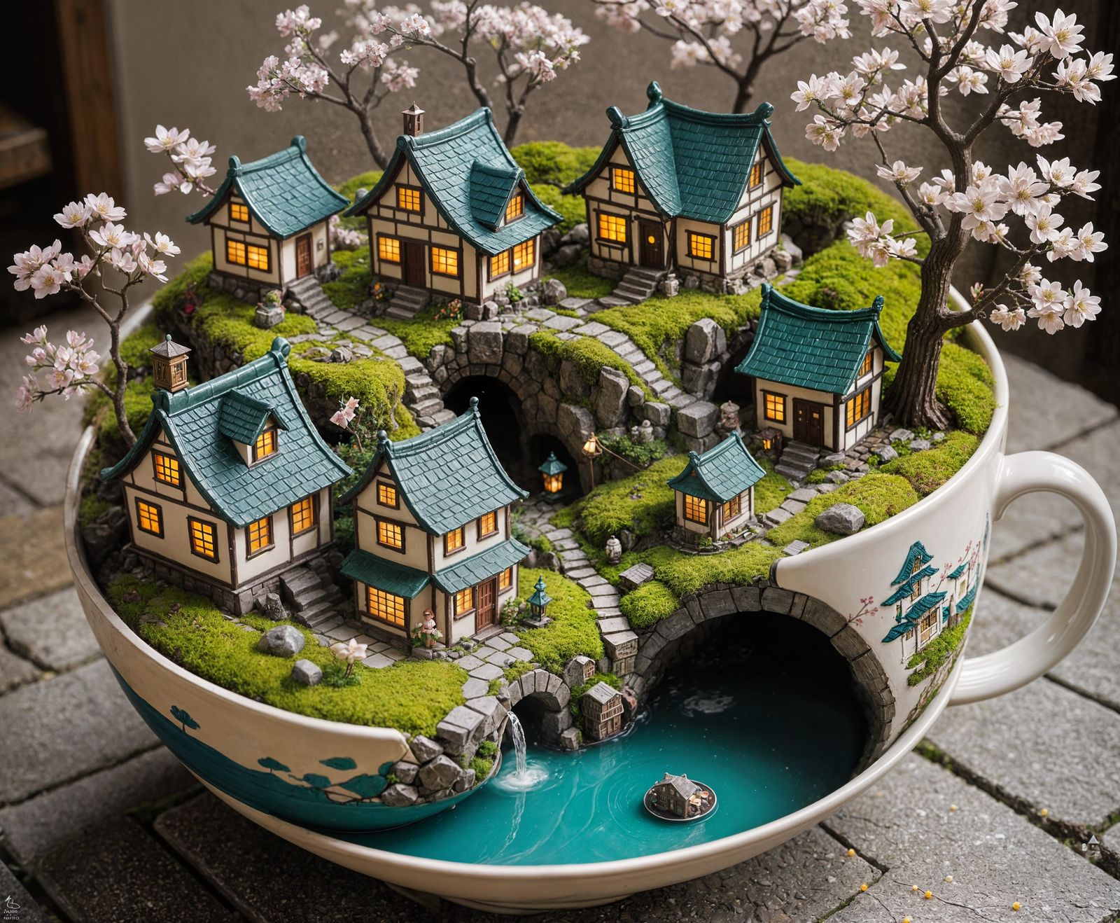 Miniature Village in Teacup with Cherry Blossoms