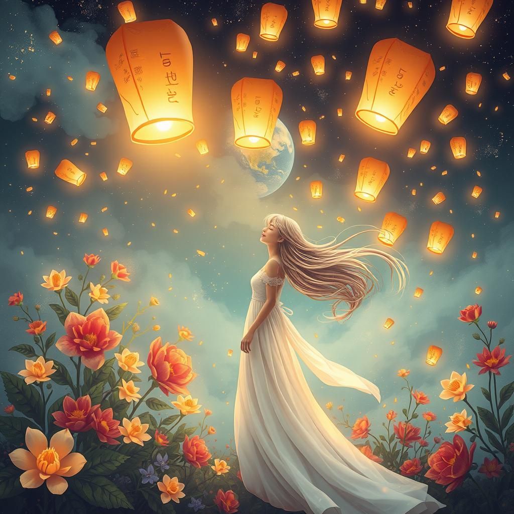 Woman Releases Lanterns of Kindness: Digital Art