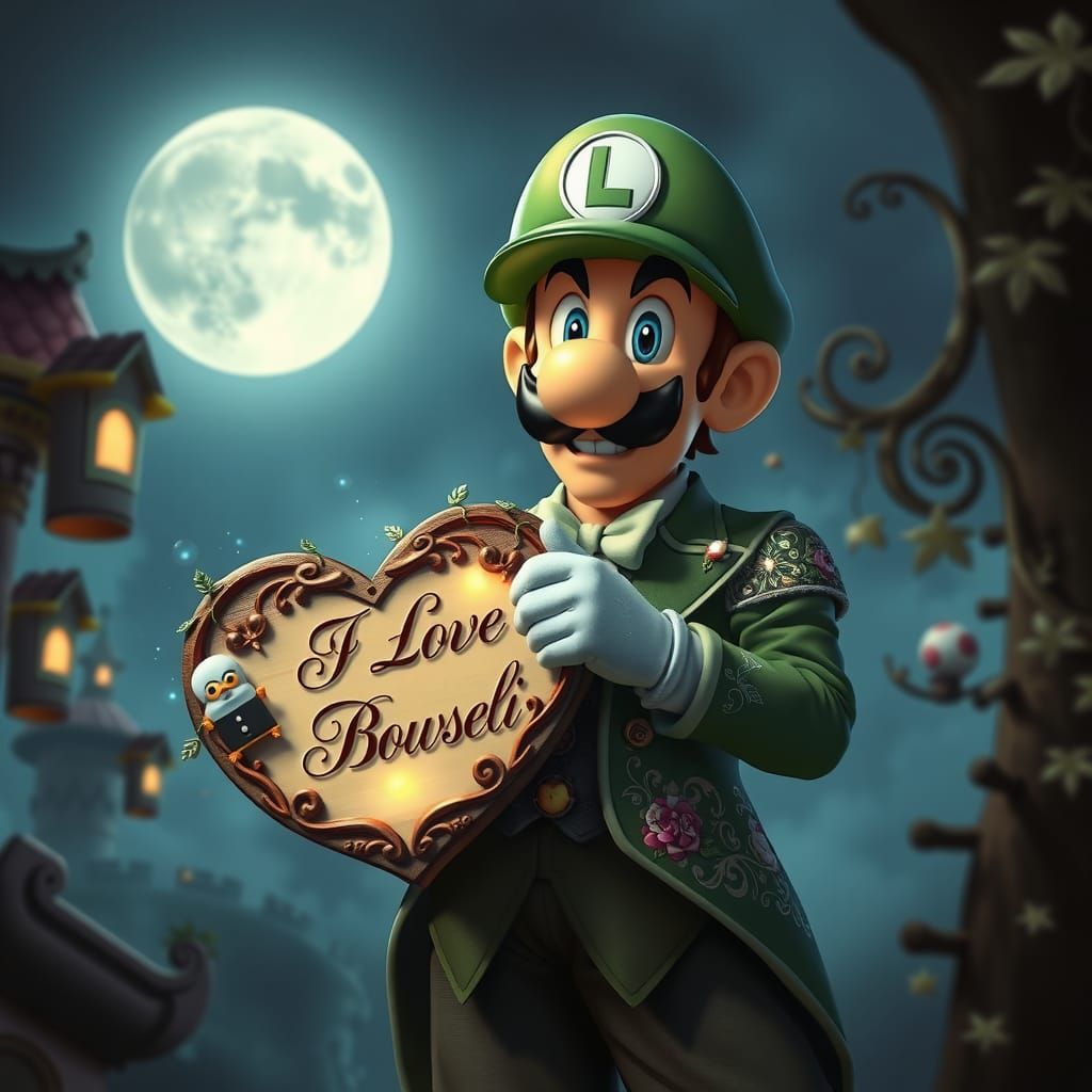 Luigi Holds I Love Bowser Sign in Victorian Style
