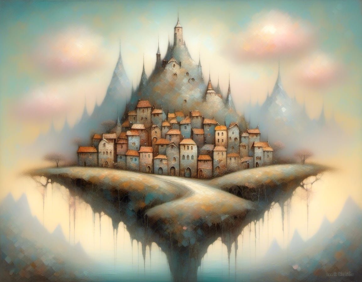 Fantasy Mountain Town in Pastel Colors