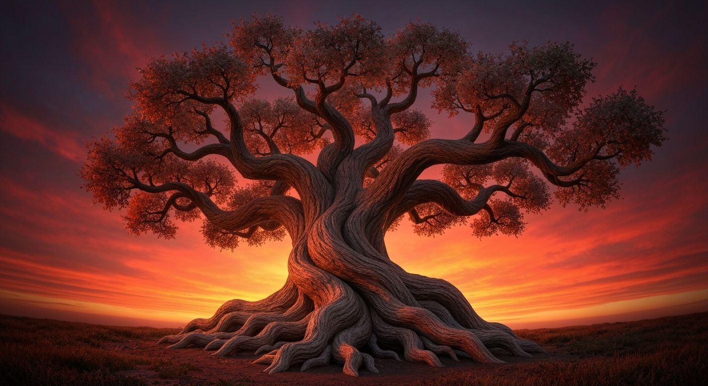 Majestic Oak Tree Sculpture at Sunset in Digital Art Style