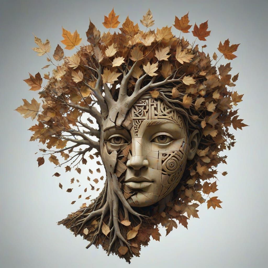 Subtle Face Formed from Leaves and Ancient Runes