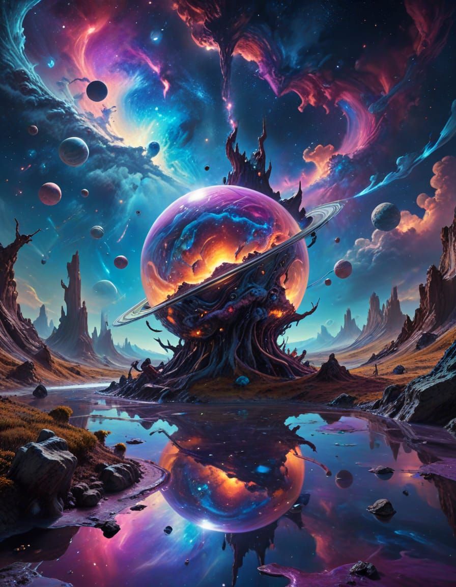 Surreal Cosmic Dreamscape with Vibrant, Iridescent Creatures