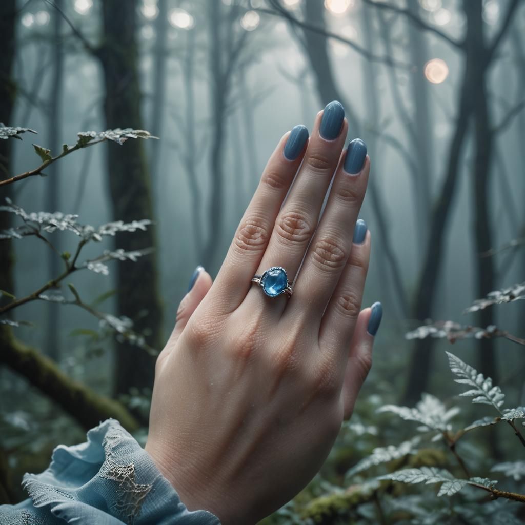 Blue Gemstone Ring in Misty Forest: Magical Realism