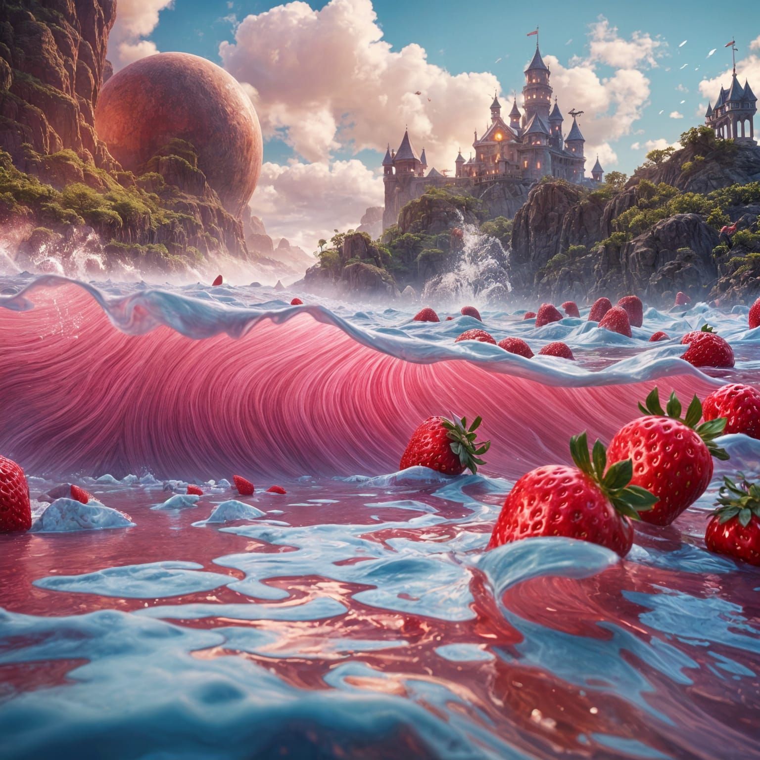 Fantastical Strawberry Milk Sea: Detailed Matte Painting