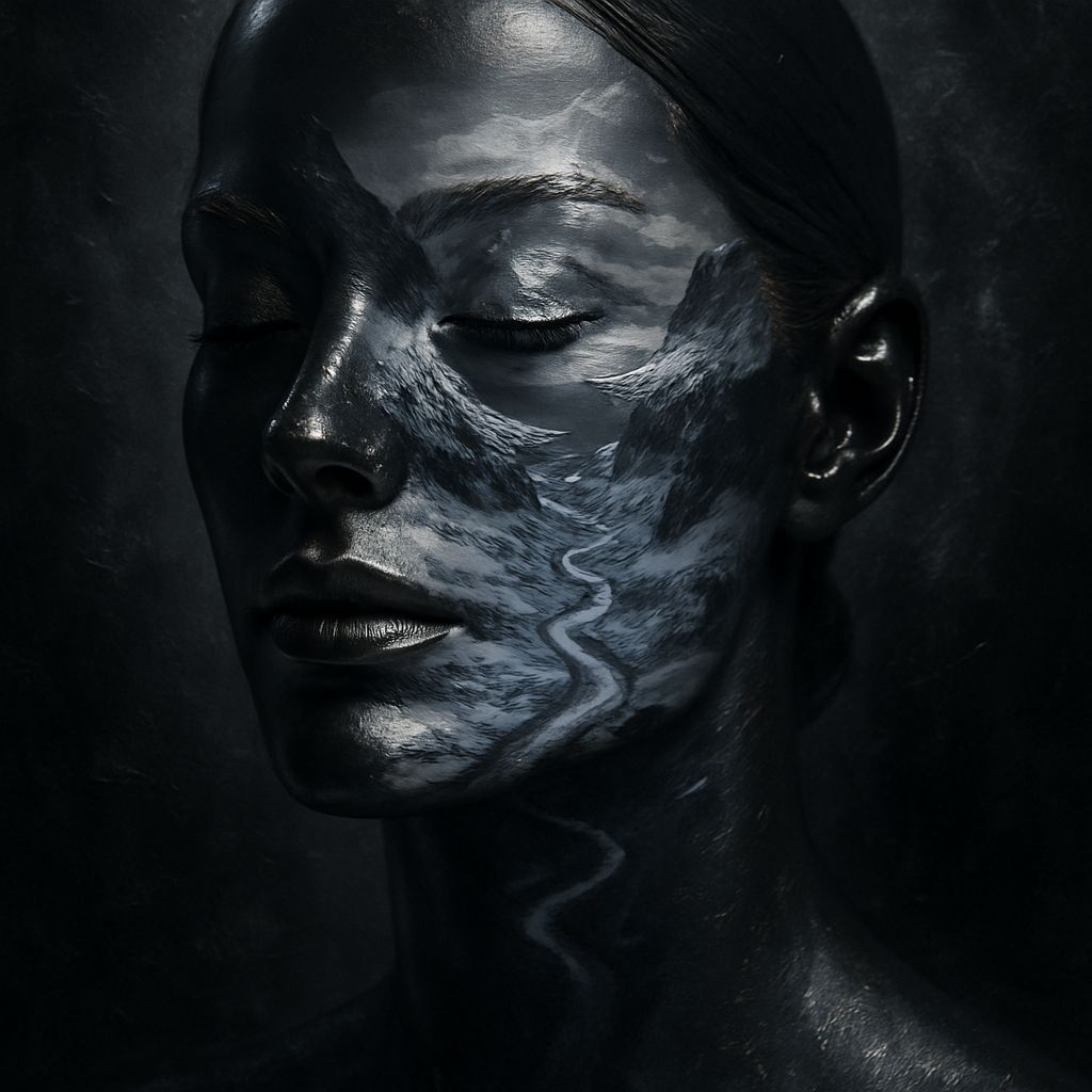 Gothic Double Exposure: Woman and Winter Fjord