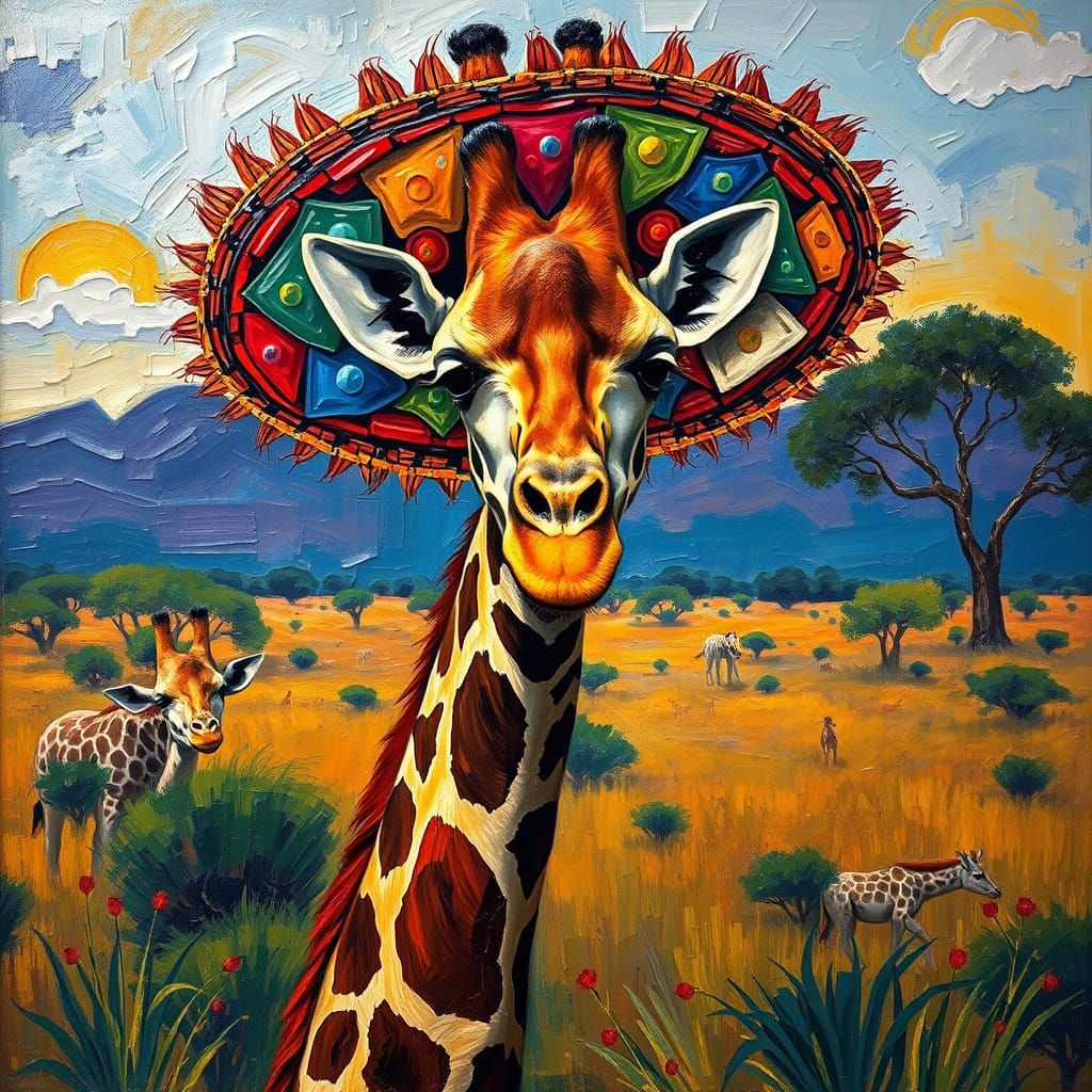 Giraffe in Sombrero: Surreal Expressionist Savannah Scene