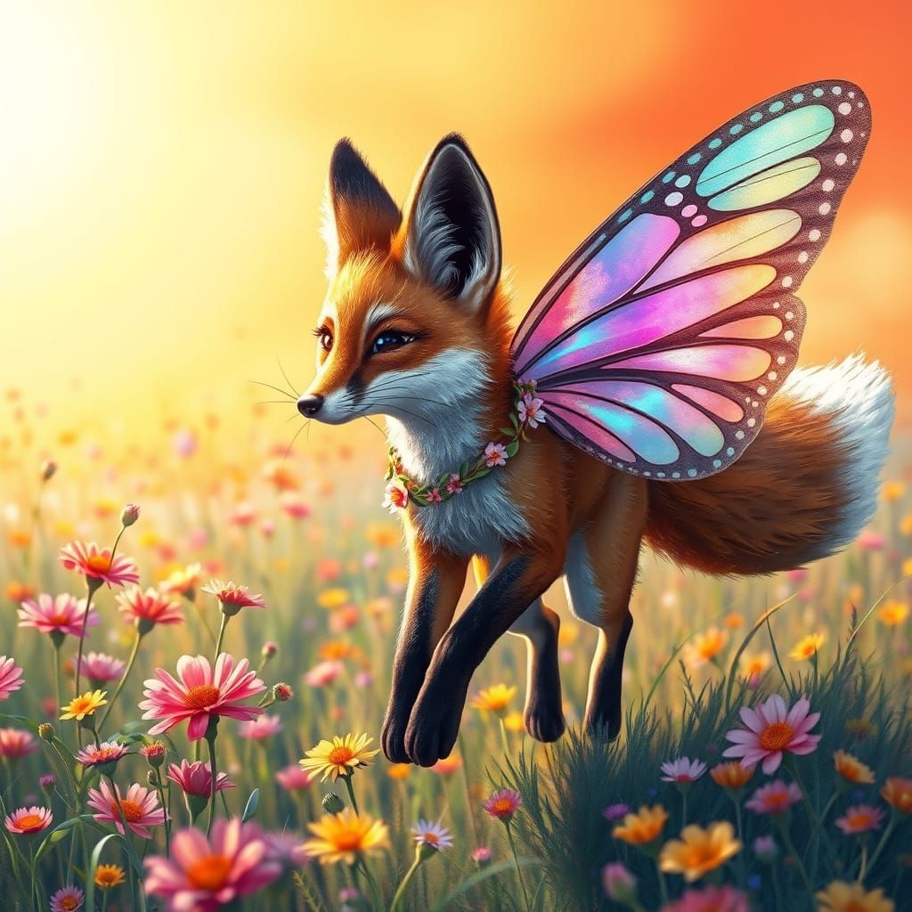 Whimsical Fox-Butterfly Hybrid in Vibrant Meadow