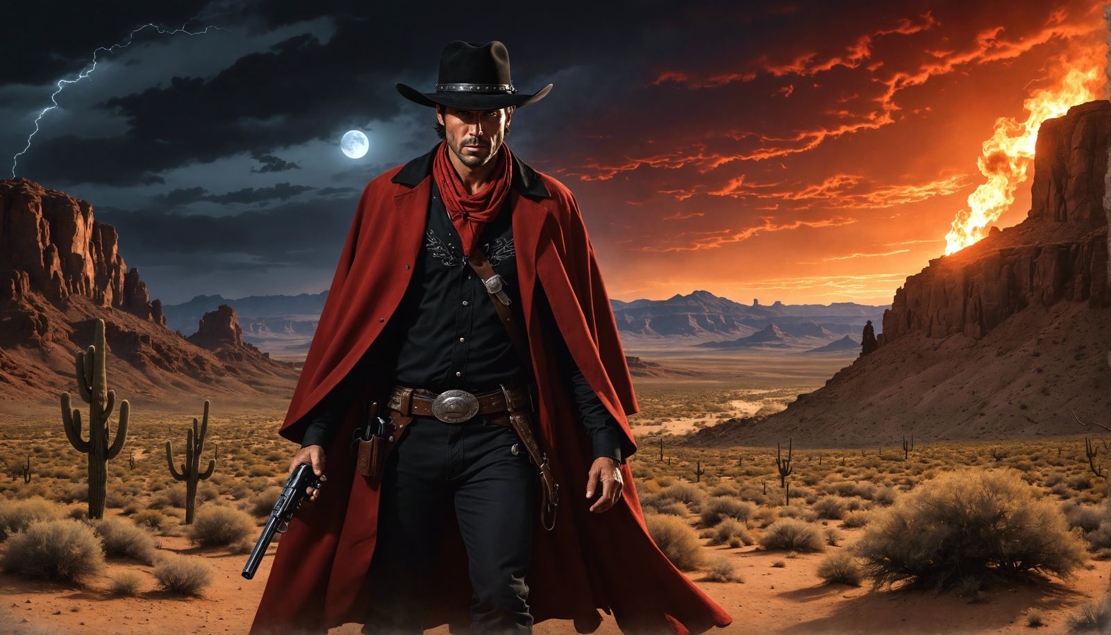 Detailed Cowboy in Wild West Landscape at Midnight