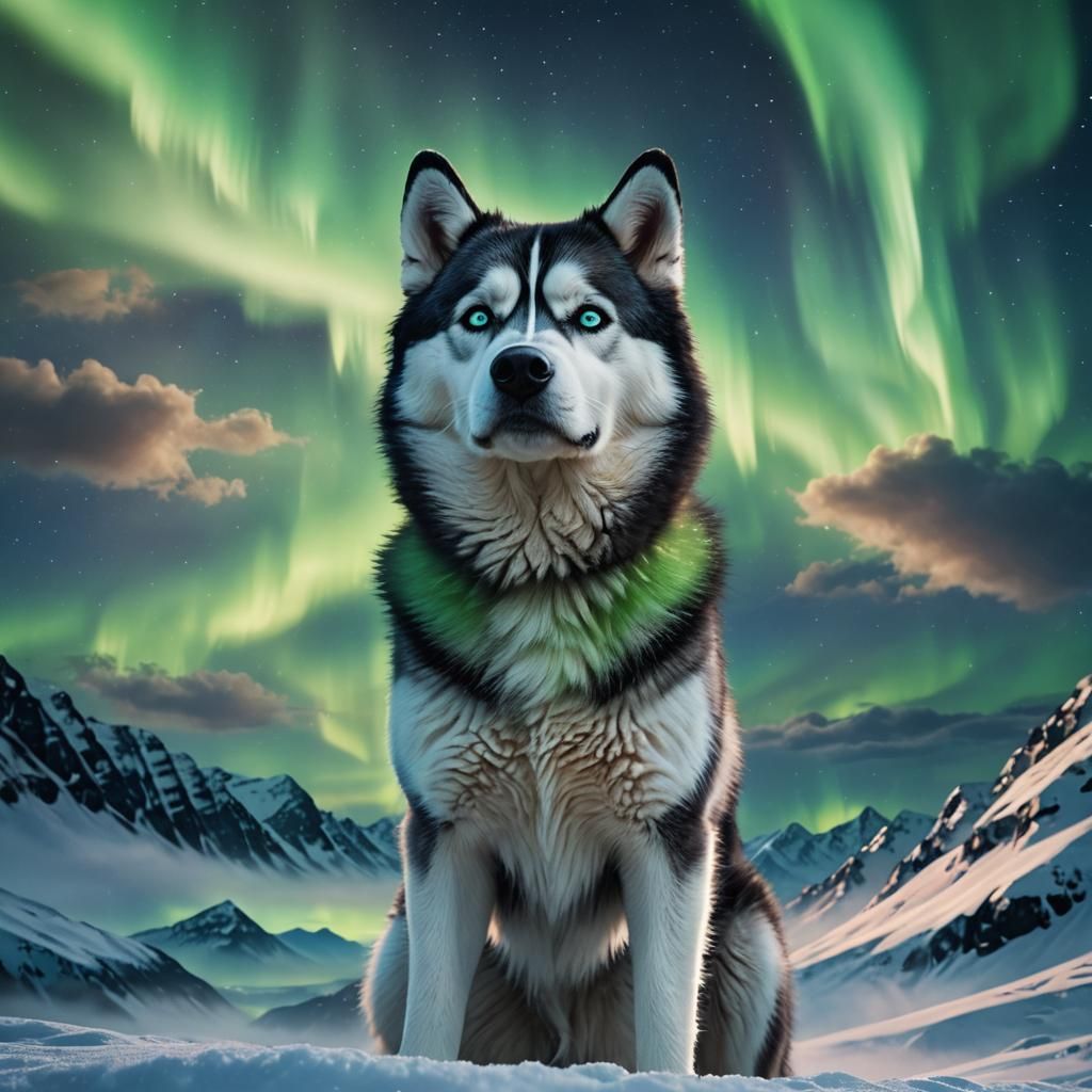 Majestic Husky Under Aurora Borealis: Cinematic Digital Art