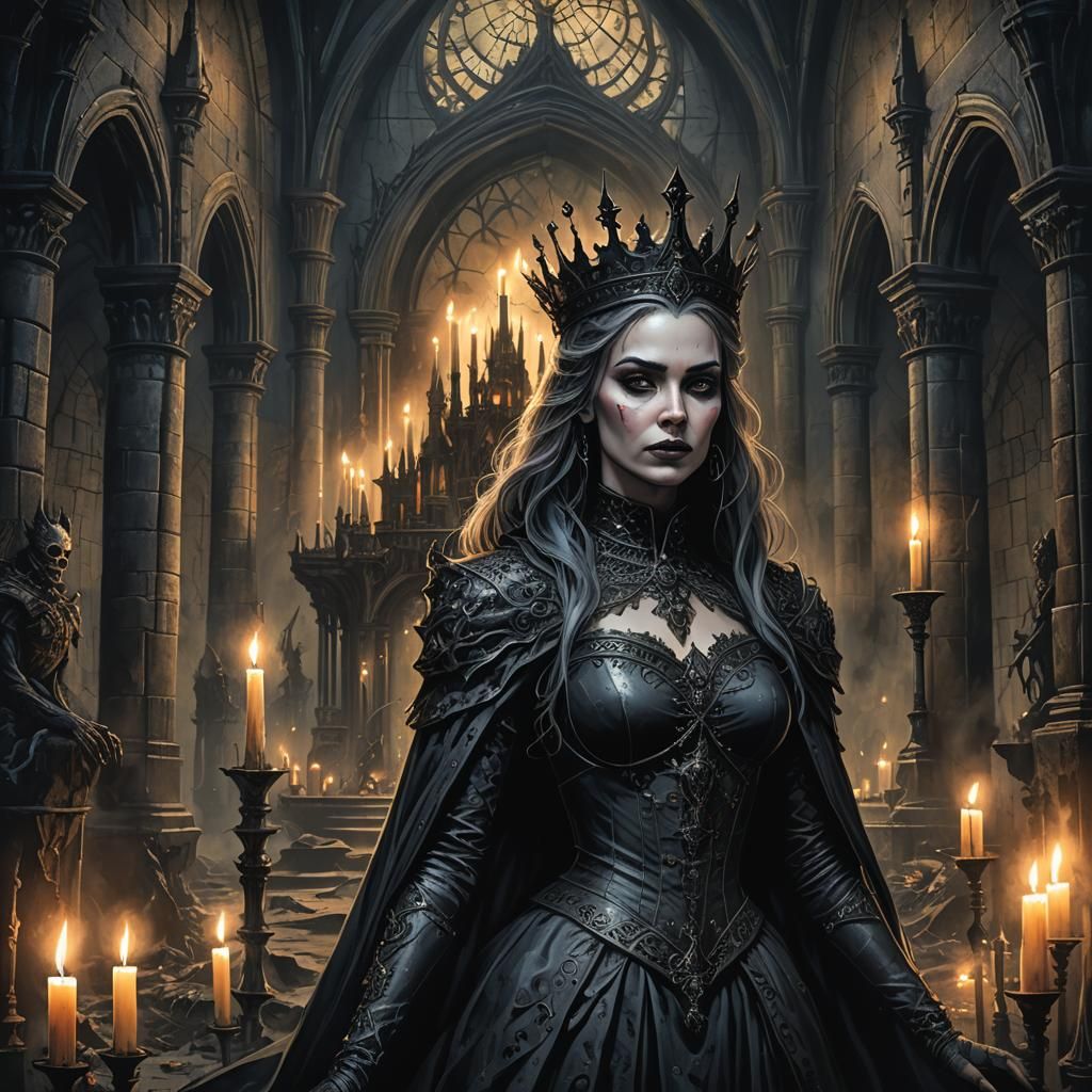 Dark Fantasy Queen in Gothic Castle: Mixed Media