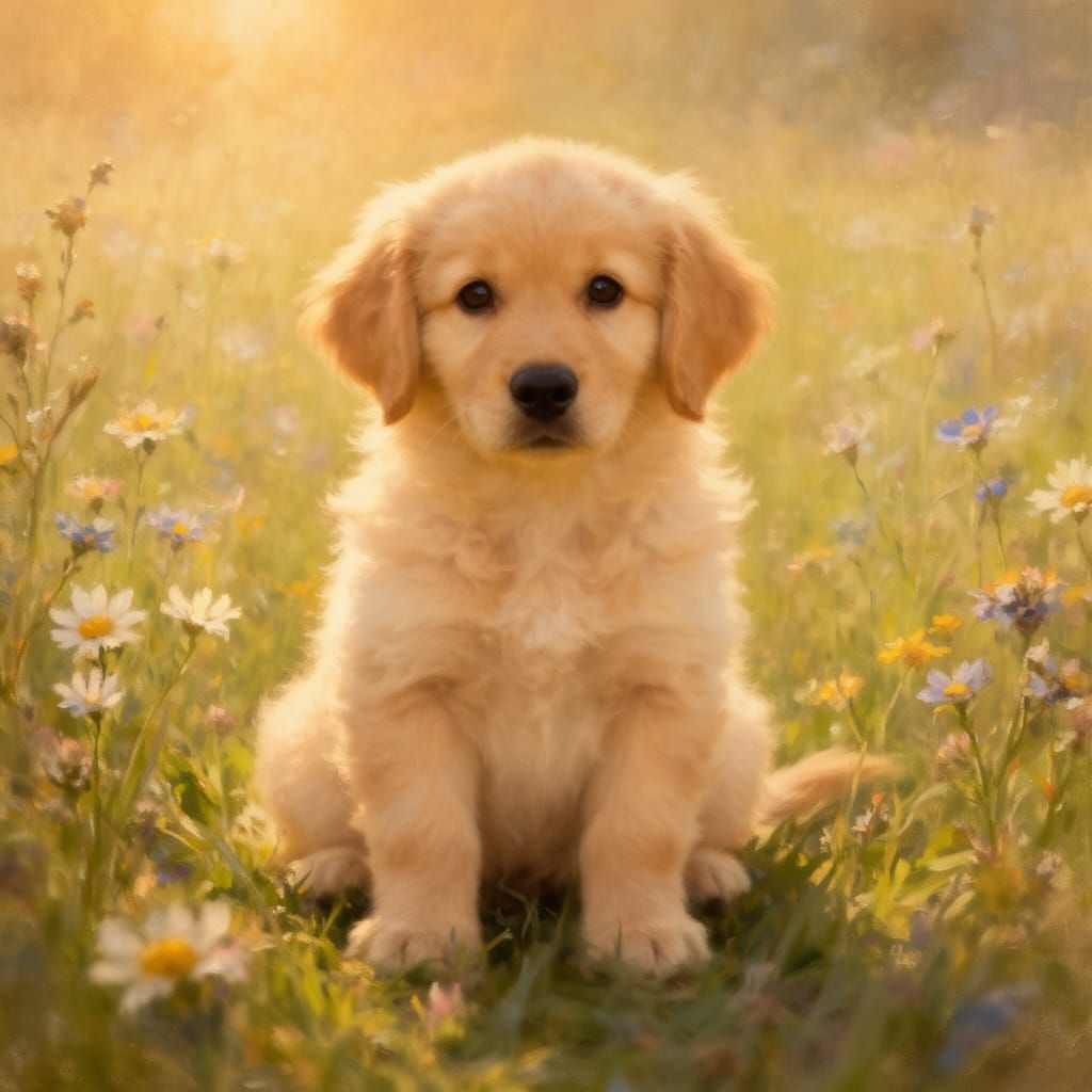 Adorable Golden Retriever Puppy in Sunlit Wildflower Meadow