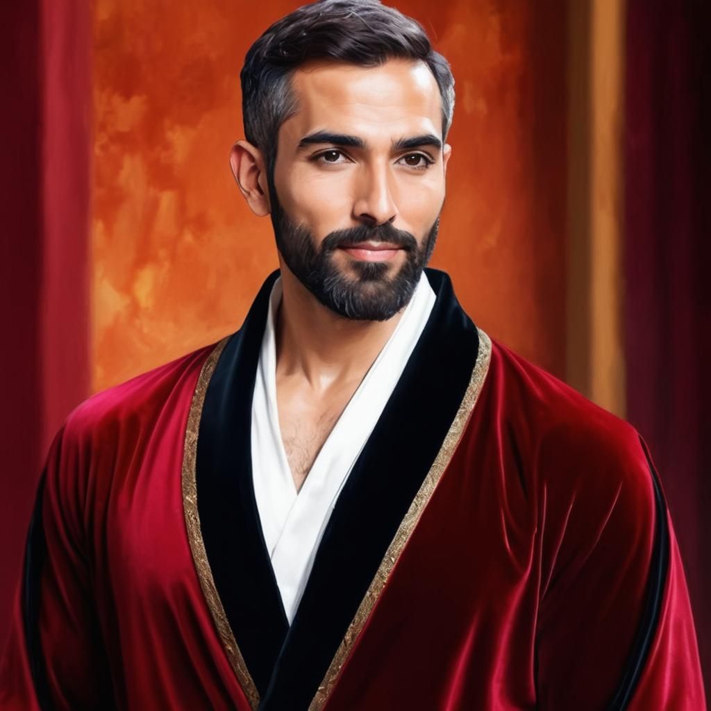 Smiling Man in Red Velvet Robe Portrait