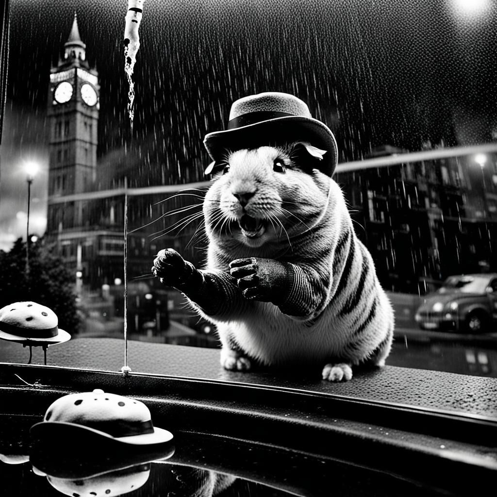 Laughing Animals in Rainy Cityscape: Black and White