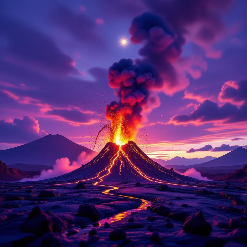 Hyperrealistic Volcano Eruption Under Purple Sunset Sky