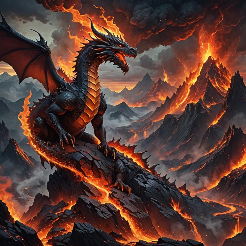 Majestic Dragon Perched on Fiery Mountain