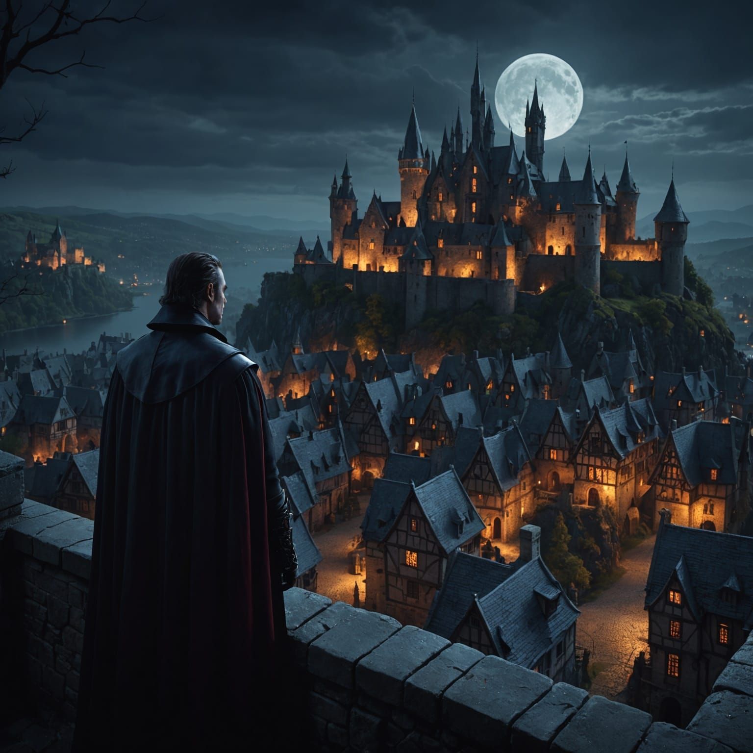 Vampire in Castle Overlooking Village