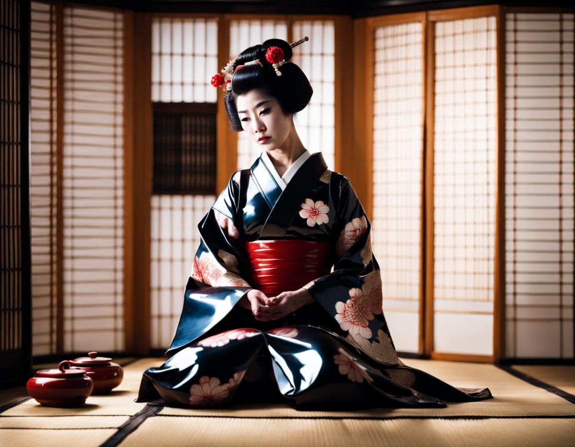 Geisha in Latex Serving Tea with Dramatic Lighting