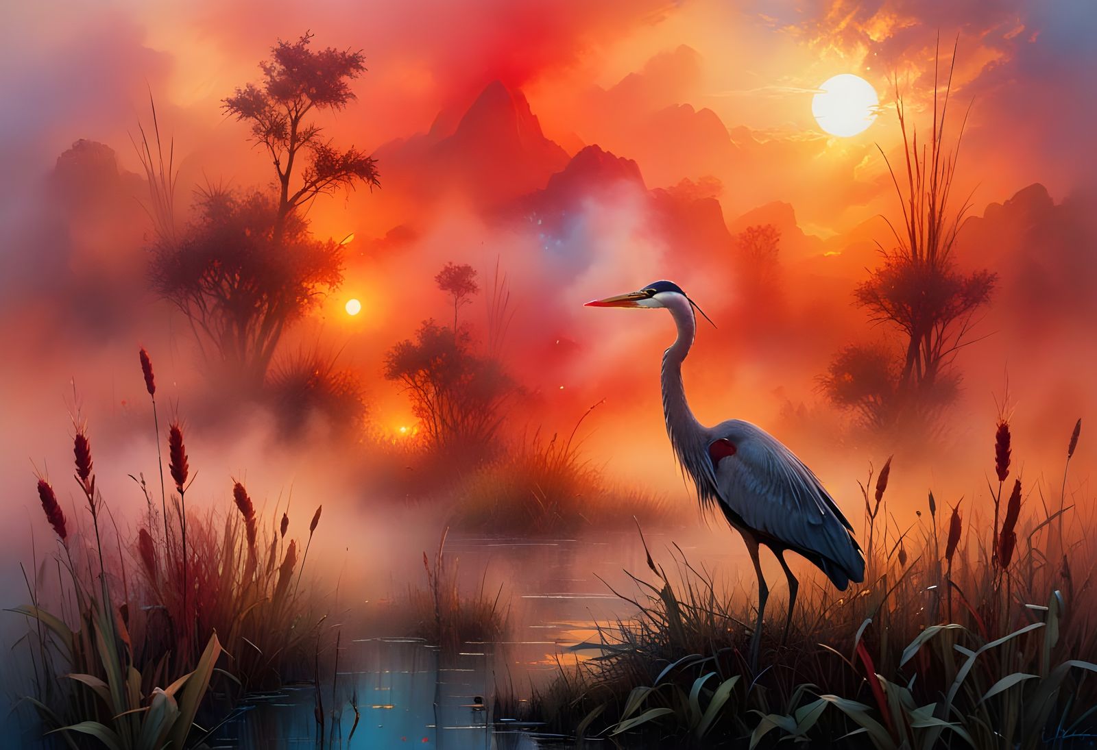 Surreal Sunrise Heron in Ethereal Fog