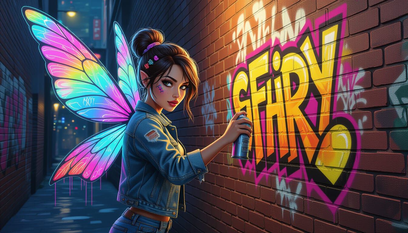 Graffiti Fairy Tags Brick Wall in Urban Alleyway