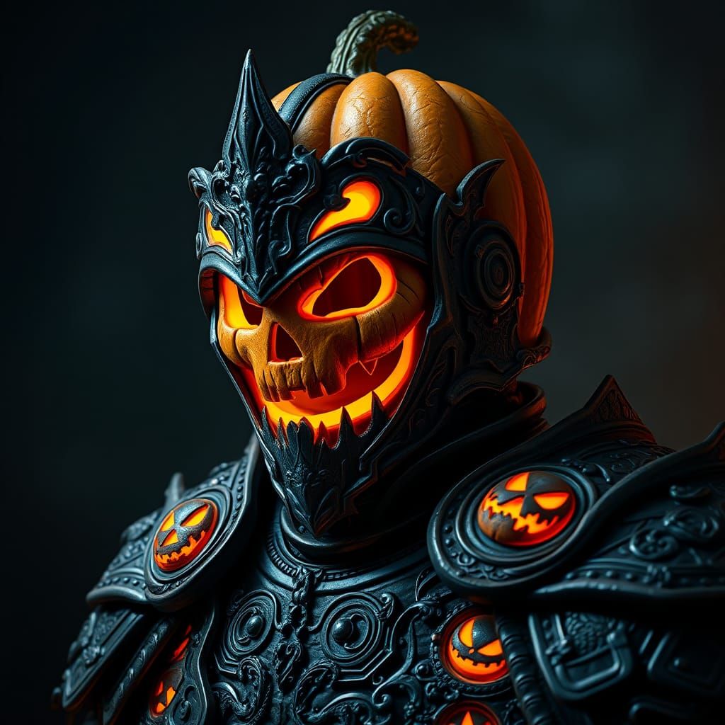 Pumpkin Knight Asks Trick or Treat, Dark Fantasy Portrait