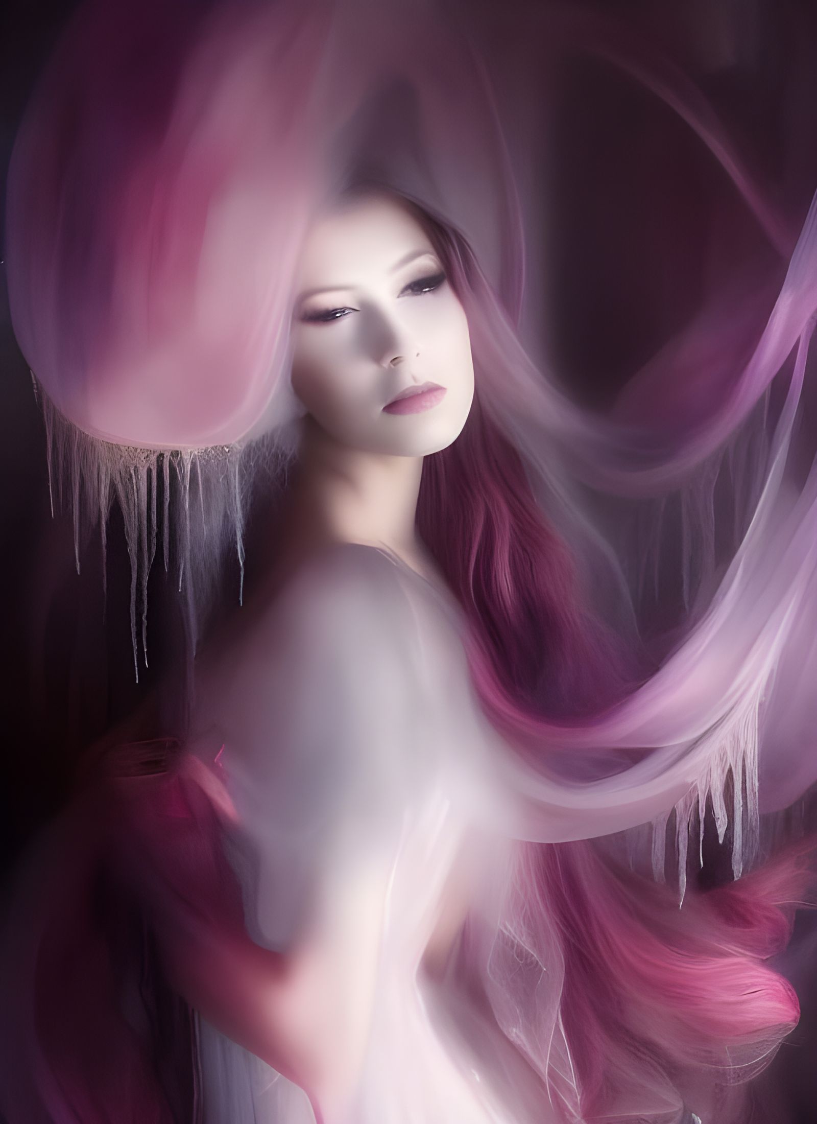 Ethereal Woman in Mask: Watercolor Horror Portrait