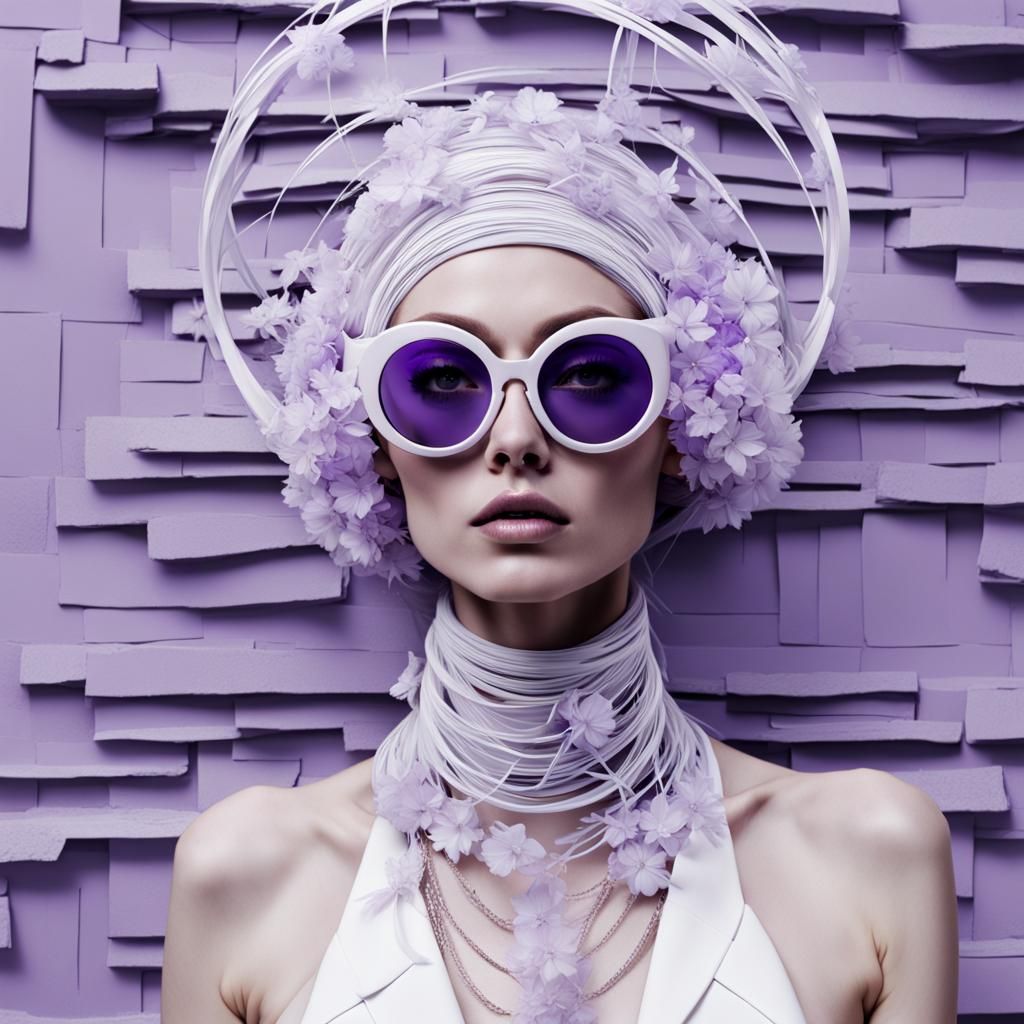 **astel pale, white skin, translucent, cold, abstract, beautiful woman with pale white light purple headpiece, winter fa...