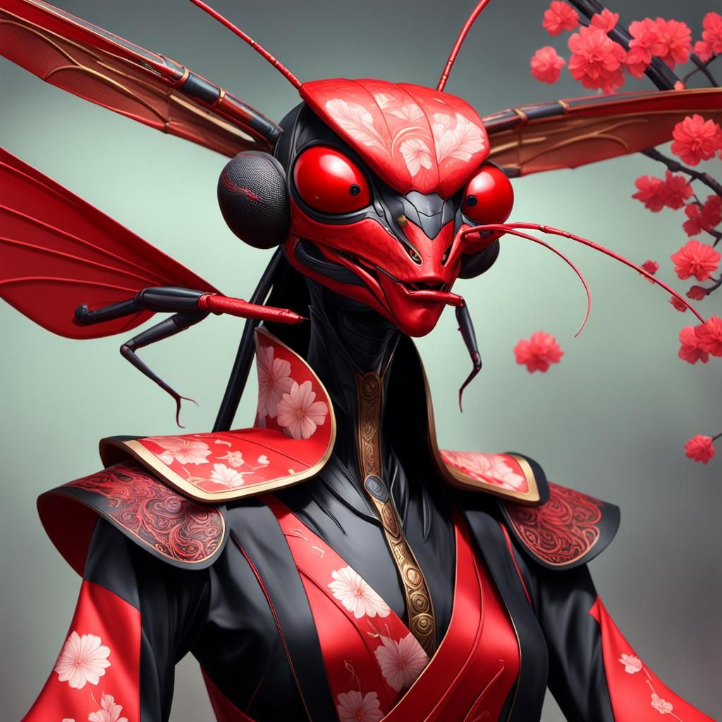 Praying Mantis Geisha Portrait in Hyperdetailed Digital Art