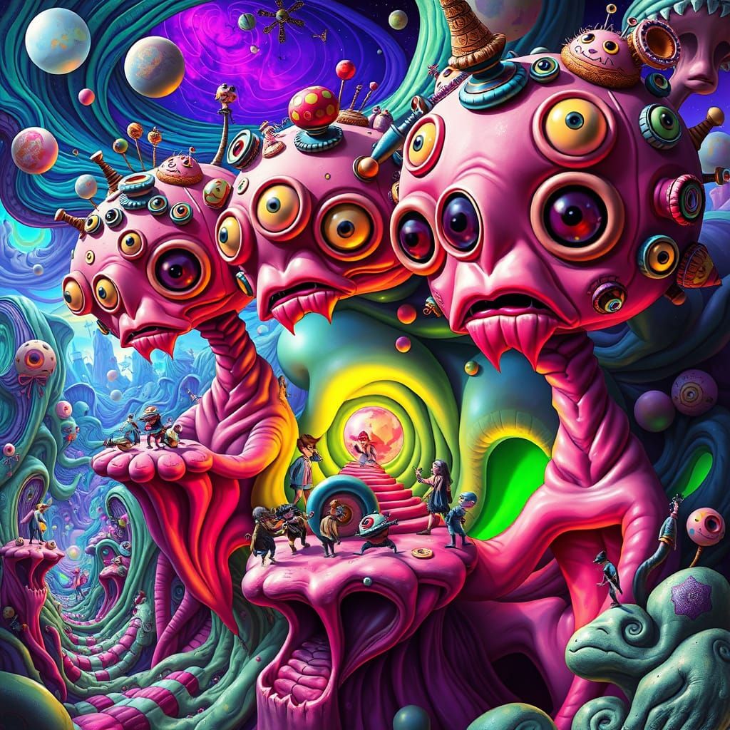 Psychedelic Surrealism: Whimsical Figures and Melting Shapes