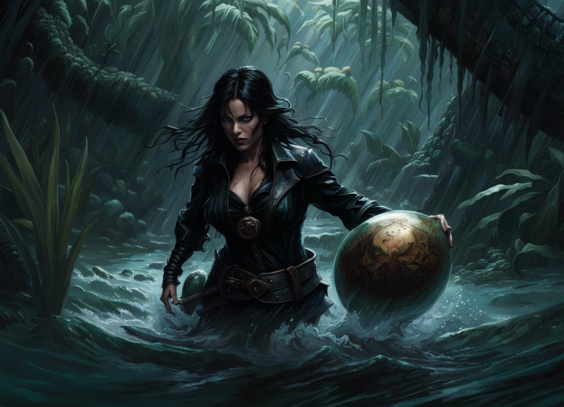 Goth Pirate Woman in Jungle with Alien Egg