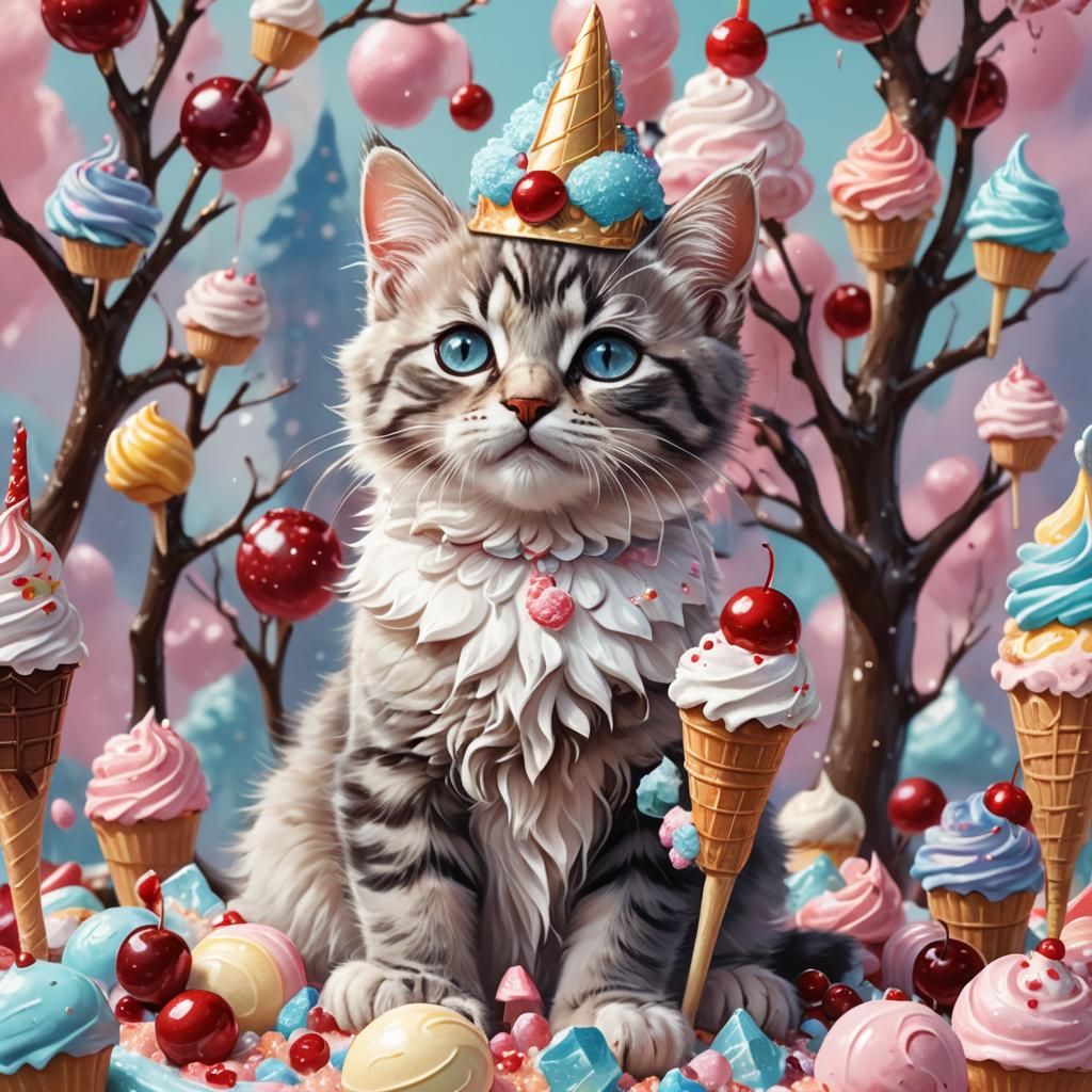 Kitten on Candy Throne in Pastel Fantasy Art