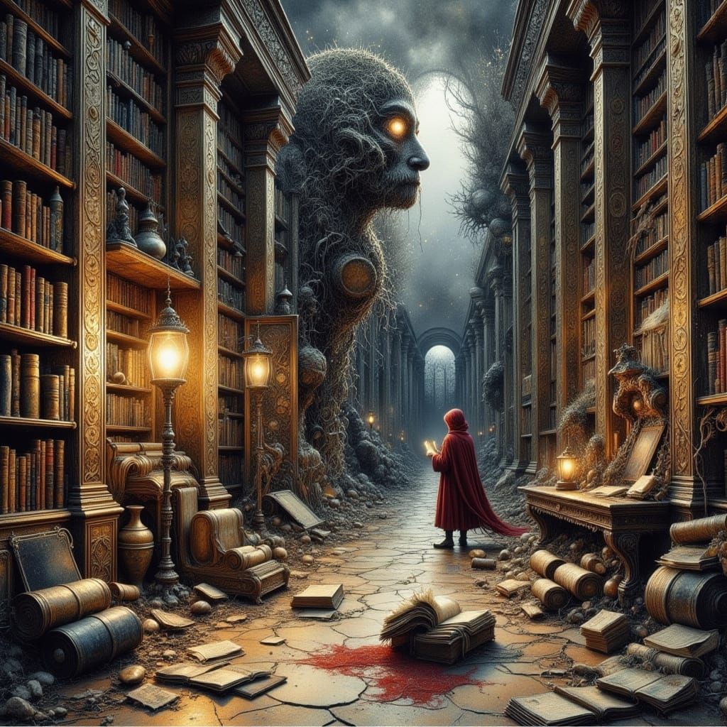 Librarian in Decaying Library with Gothic Mystical Aesthetic