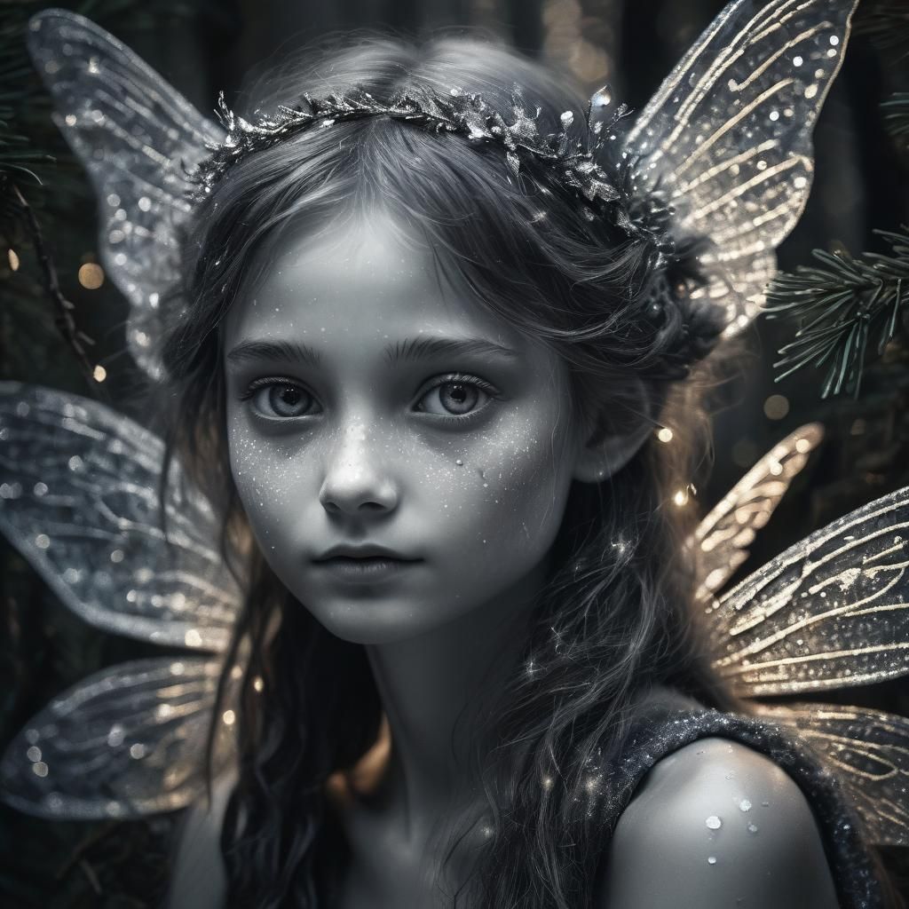 Gentle Fairy in Forest, Charcoal Drawing with Glitter