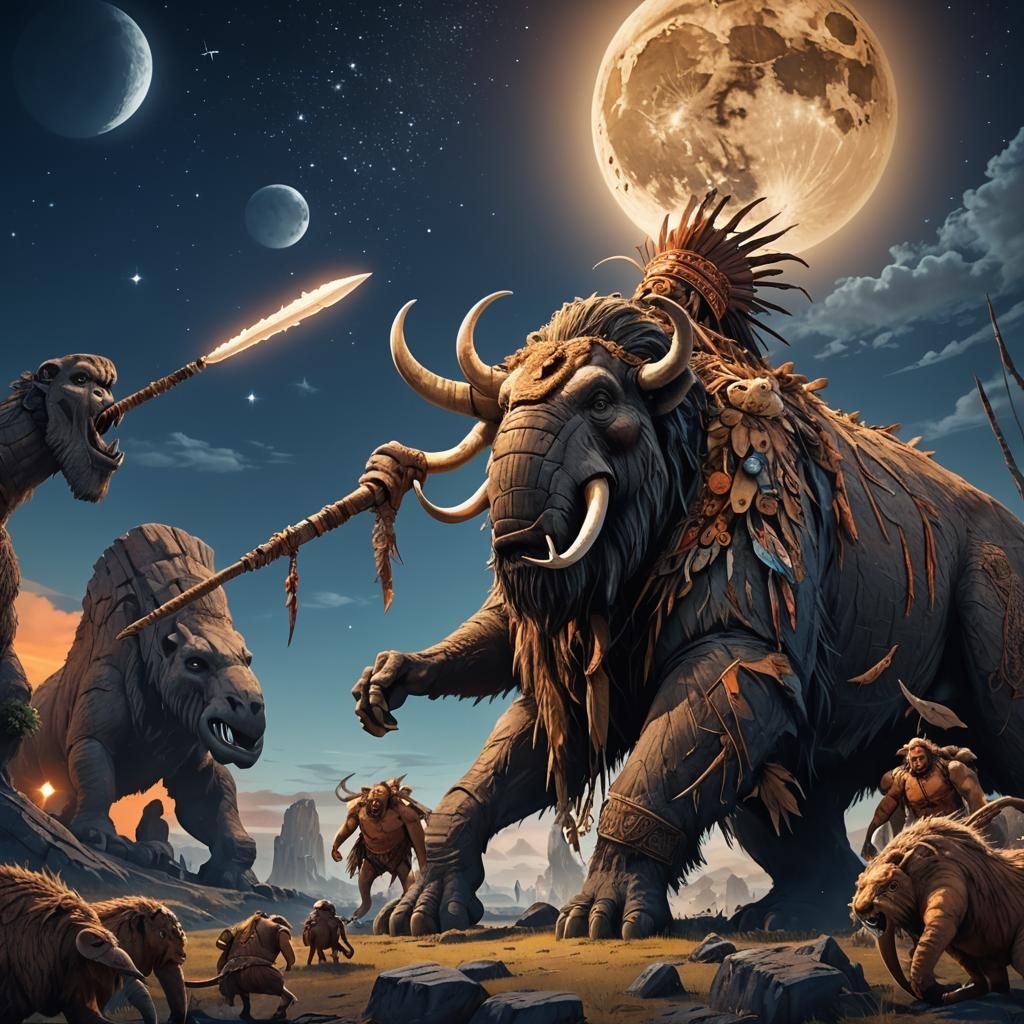 Mammoth Hunter Confronts Saber-Tooth Tiger in Fantasy Landsc...