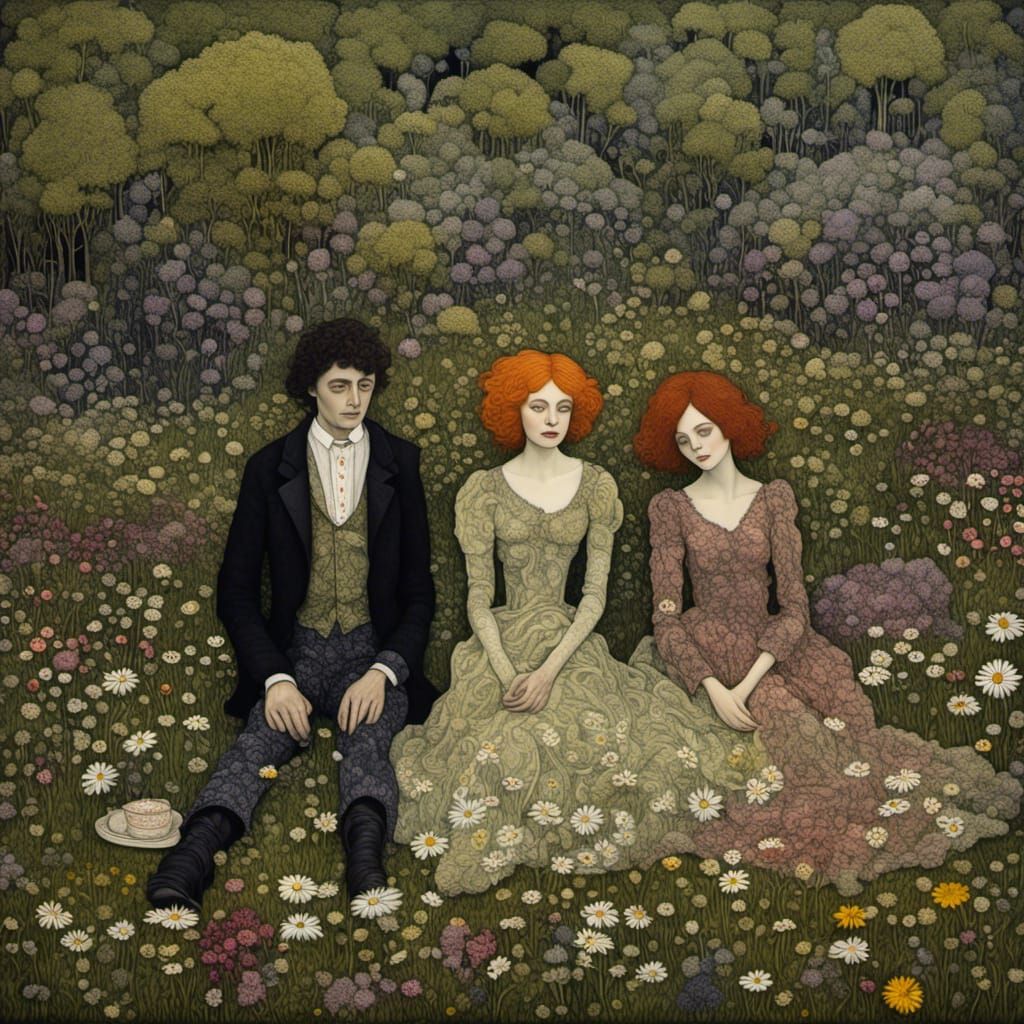 Klimt-Inspired Picnic Portrait on Black Background