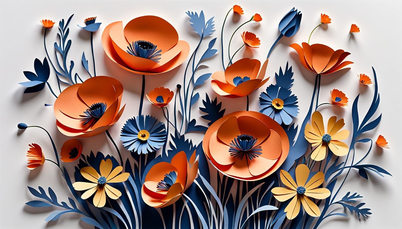 Paper Cutout Poppies and Wildflowers in Bloom