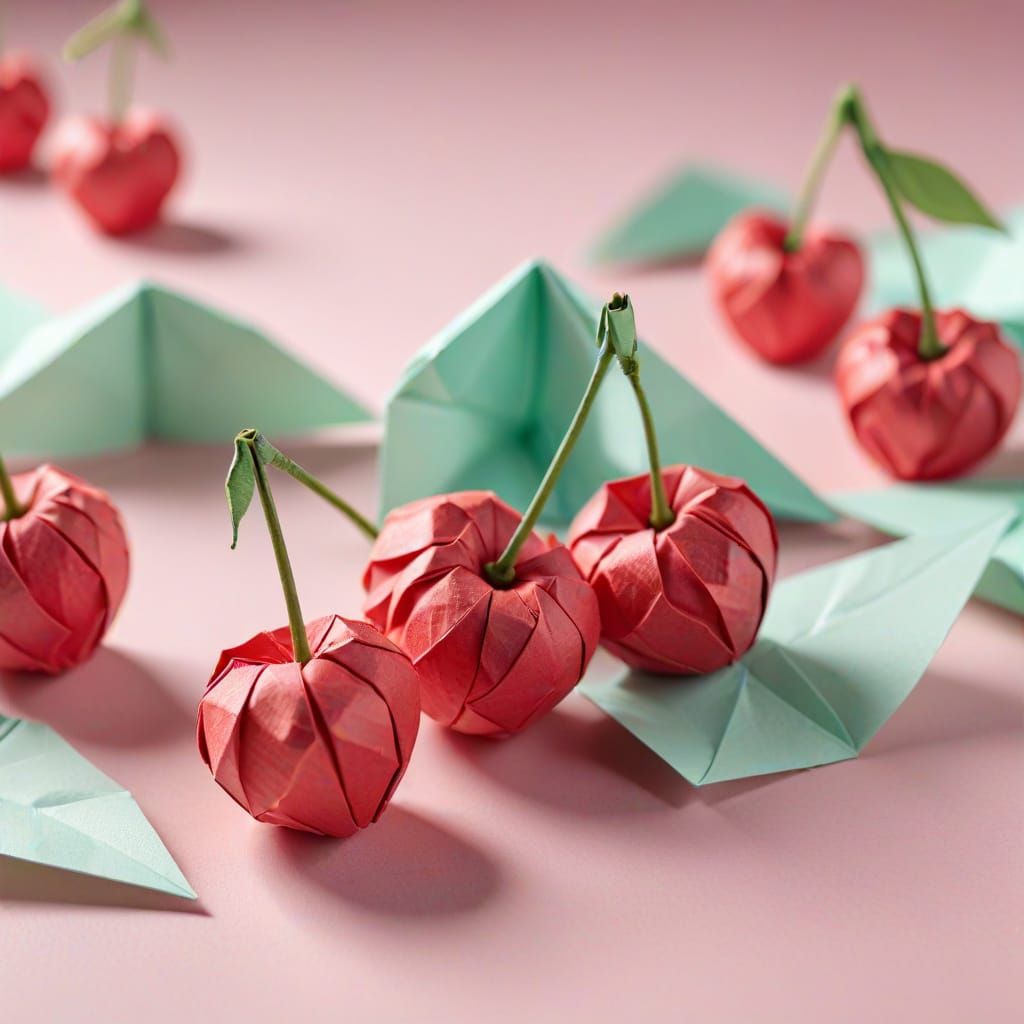 Origami Cherries Paper Art in Soft Pastel Colors
