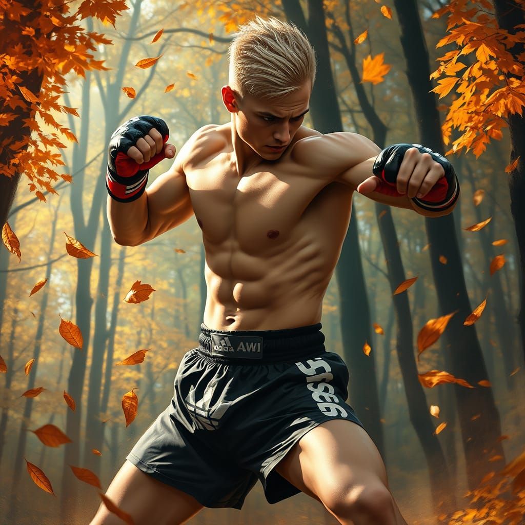 Muay Thai Fighter in Autumn Forest Digital Painting