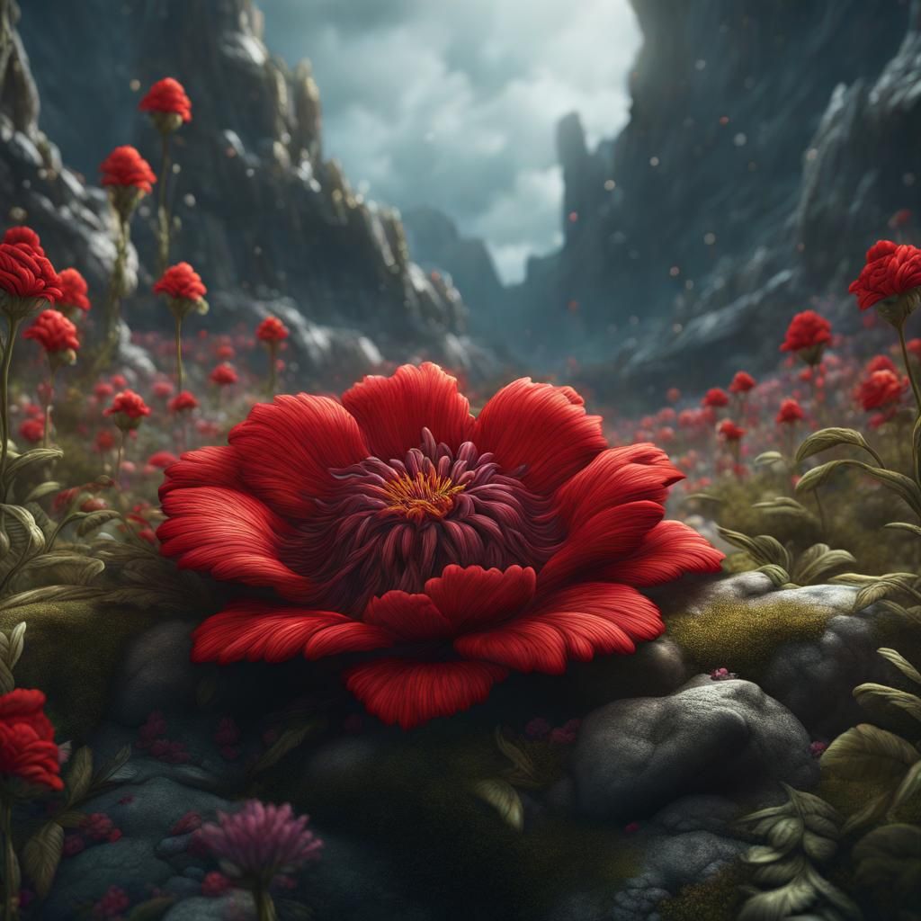 Red Flower Embroidery in Detailed Matte Painting Style