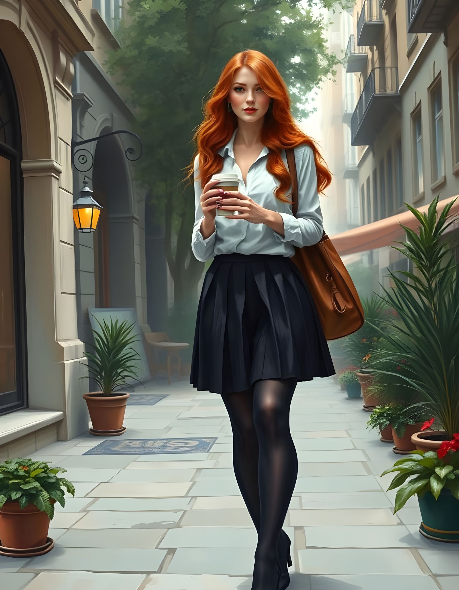 Curvy Redhead Strolls Through Cozy City Street