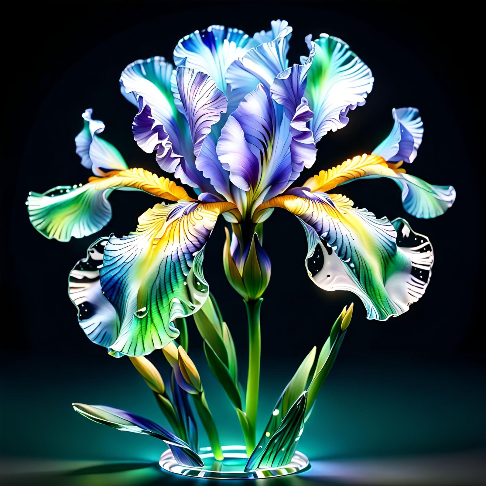 one glass transparent iris flower, intricately detailed prec...