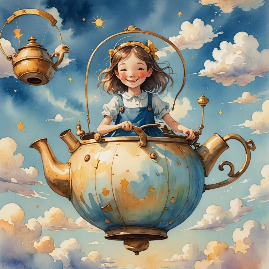 Girl Steers Teapot in Watercolor Sky