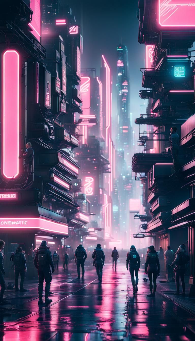 Neon Cyberpunk Cityscape with Cloned Workers