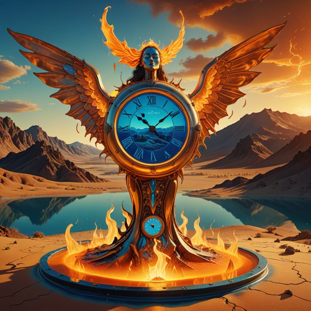 Surreal Desert Landscape with Melting Clock and Glowing Figu...