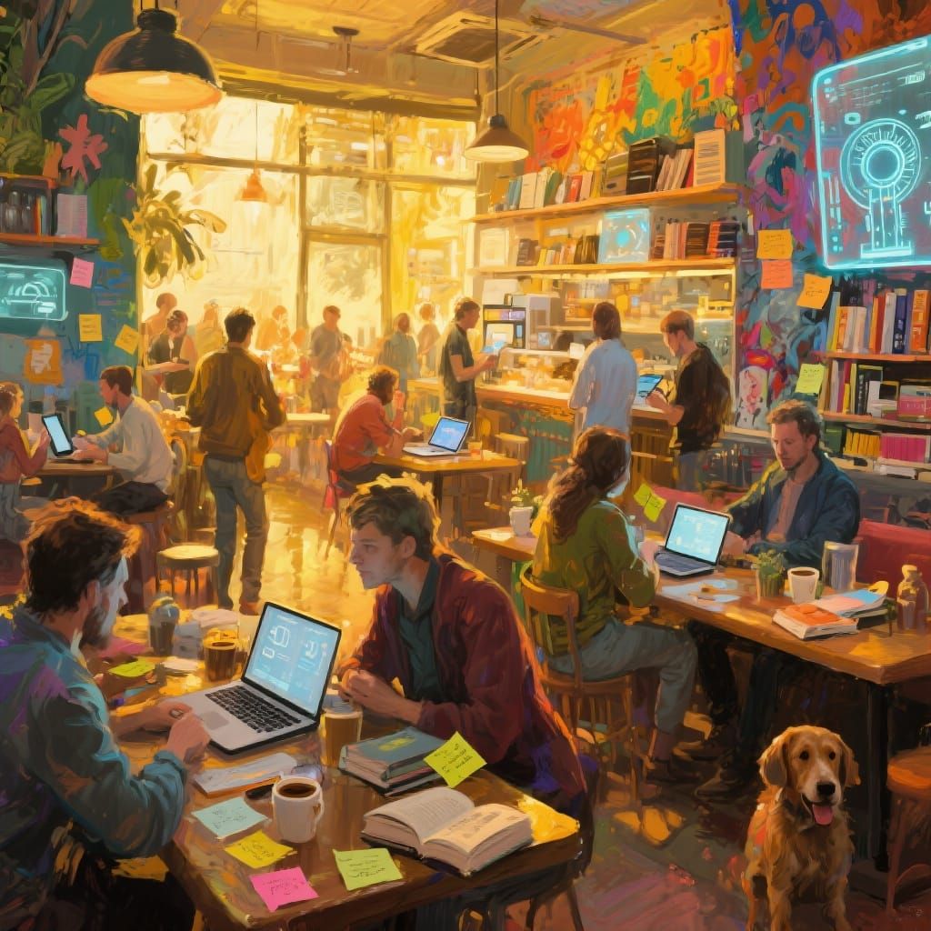 Busy Coffee Shop with AI and Holographic Screens